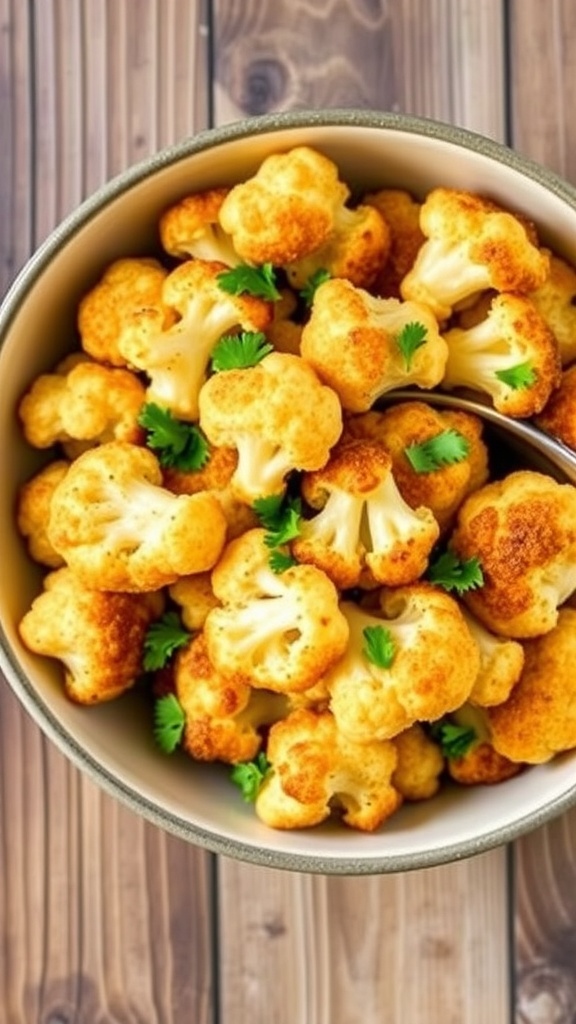 Crispy air fryer cauliflower florets garnished with parsley on a rustic wooden table.